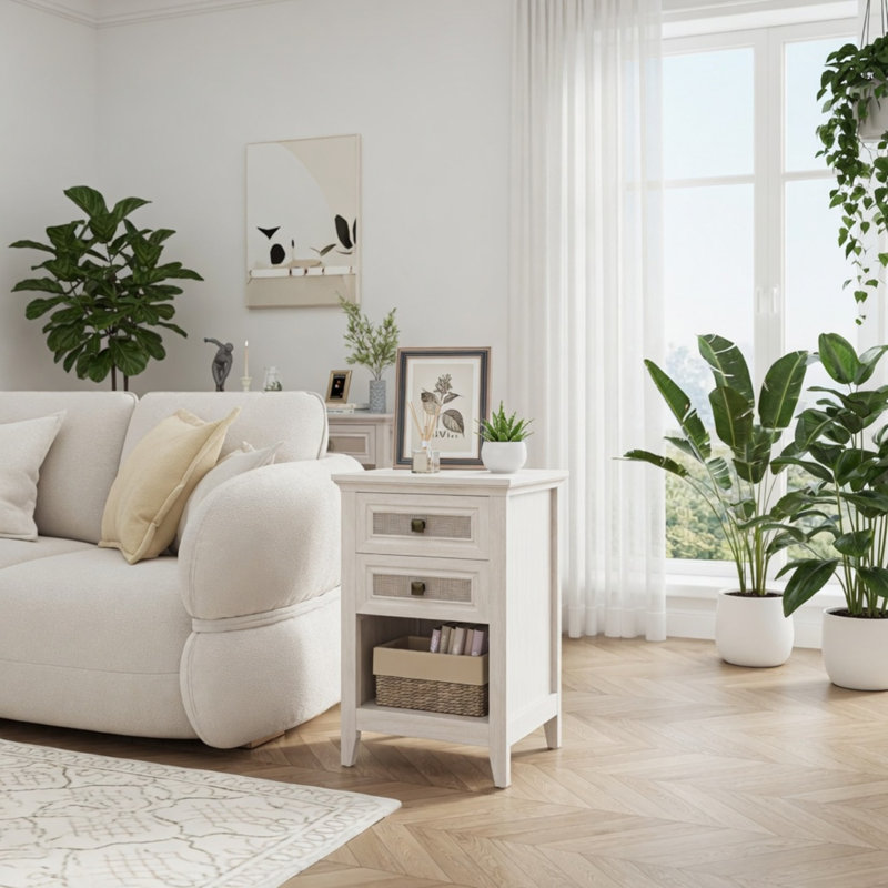 Table de chevet 17,7 po en rotin blanc - table de chevet Boho avec 2 tiroirs et tablette de rangement - grain de bois blanc grisâtre