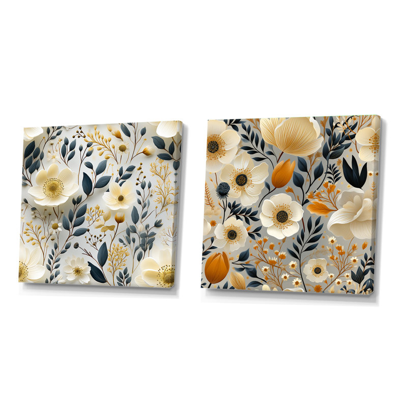 Lylia - Ensemble de 2 collages floraux carrés, Toile tendue, H 16 po x l 33 po
