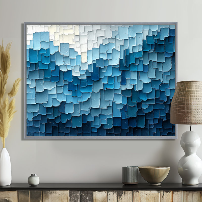 Denham Drip Paint of Blue Cubic Matrix V - Art mural peinture goutte à goutte, H 30 po x l 40 po, Avec cadre, Argent argent