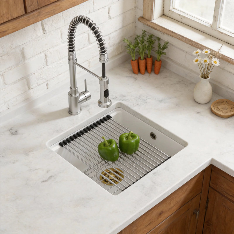 Évier de cuisine encastré en composite blanc à quartz, évier de préparation en granite avec station de travail 17 po x 19 po avec drain arrière, planche à découper et support de séchage inclus pour îlot de cuisine et bar