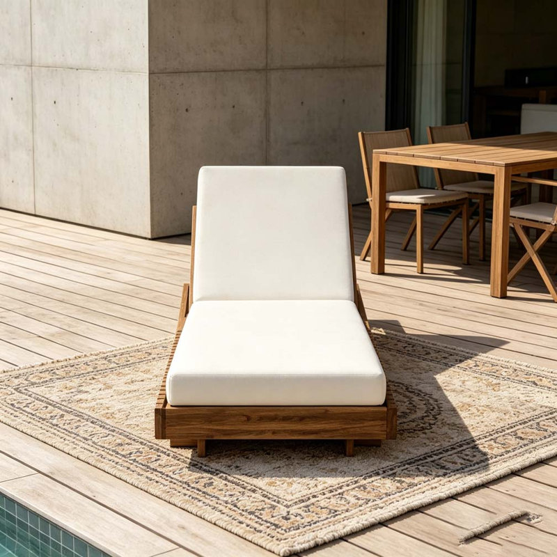 Solid Wood Lounge Chaise, Teak+Cream