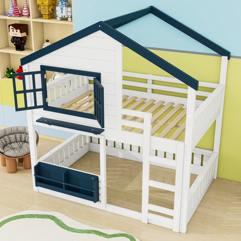 Wood Bunk Bed With Bookshelf, Full, White/Blue