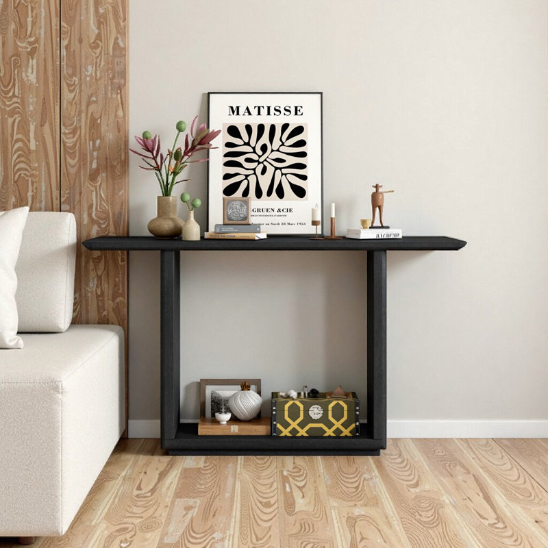 Console noire élégante avec coins arrondis, base en forme de U, placage en bois naturel, Noir