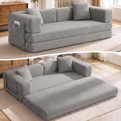 Canapé-lit convertible rembourré 79,5 po, causeuse en mousse à mémoire de forme avec tissu en velours côtelé, canapé-lit pliant multifonctionnel pour le salon et les petits espaces, sans assemblage requis, gris