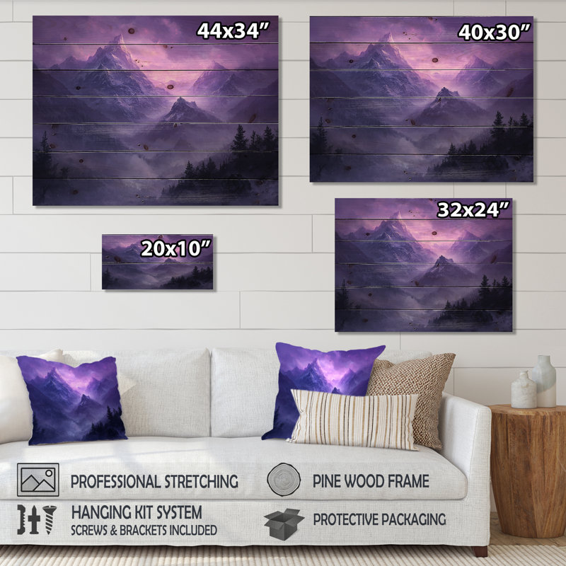 «Misty Peaks In The Twilight II», impression de paysage de montagnes - sur bois de pin naturel, H 10 po x l 20 po x P 0,78 po