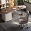 Bureau à 3 tiroirs brun noisette + bois manufacturé blanc + acier inoxydable-109080086-109080084