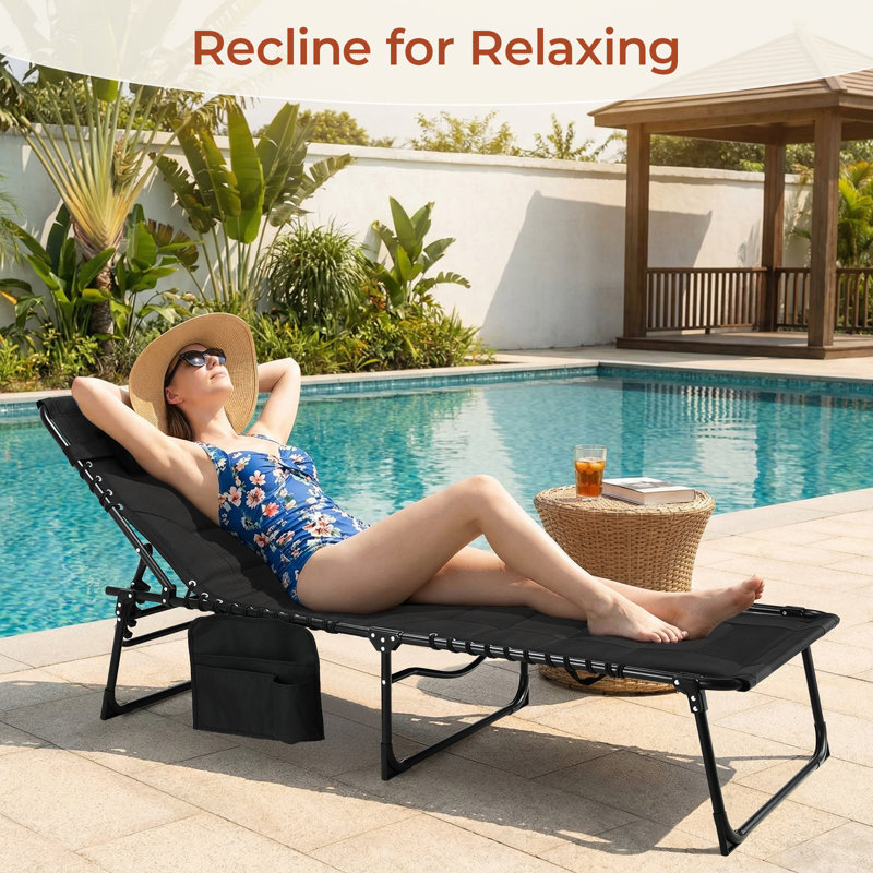 Padded Folding Lounge Chair, Portable Reclining Chair With Pillow & Side Pocket, Outdoor 5-position Adjustable Chaise Lounger With Carrying Handle, For Beach, Pool, Sunbathing, Black