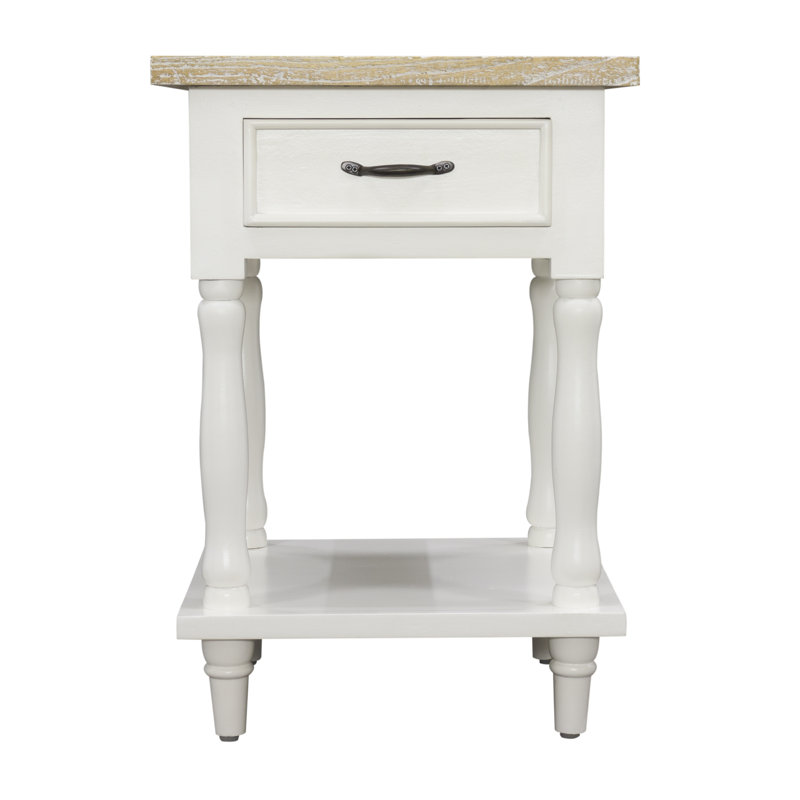 Roseline Solid Wood End Table, Antique White, 65cm H x 45cm W x 45cm D