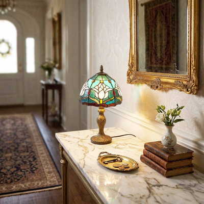 14.7 Inch High Tulip Green Table Lamp, Stained Glass Tiffany Desk Lamp With Bulb