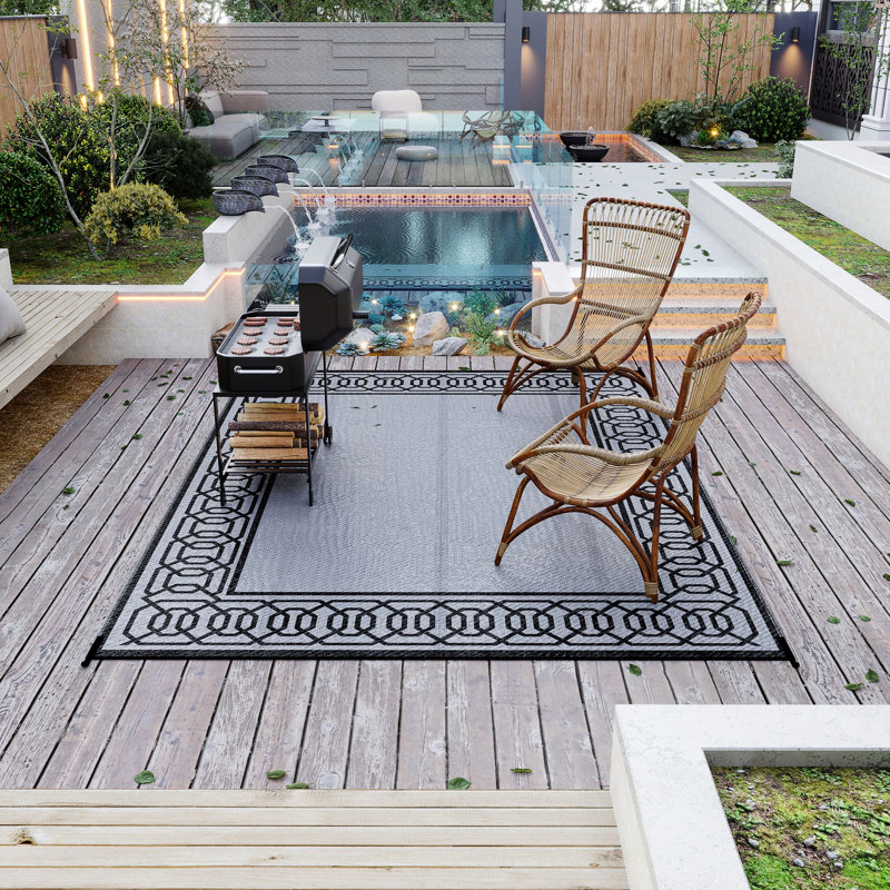 Tapis de pique-nique réversible, extérieur en plastique imperméable 9 pi x 12 pi, bordure noire et grise, pour cour, terrasse, plage, tapis d'extérieur de camping, 12 pi, camping, pique-nique, bordure