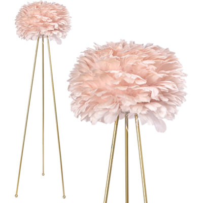 Modern Art Feather Floor Lamp, Tall Metal Tripod Standing Lamp with Pink Fluffy Feather Lampshade, Decorative Floor Lamp for Living Room Bedroom Hotel, Bulbs Not Included