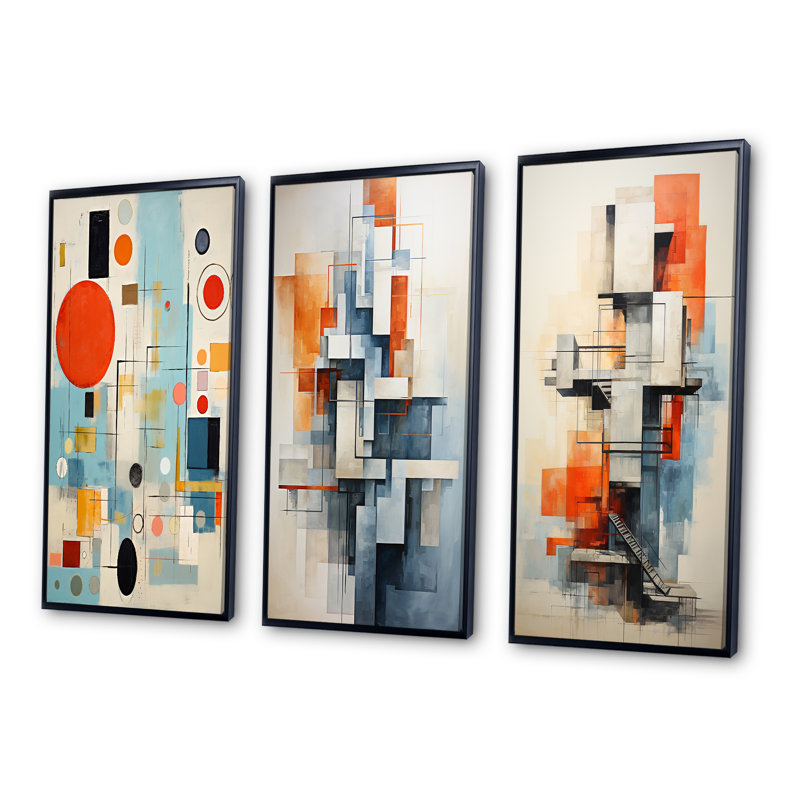 «Blue Orange Mid Century Abstract Retro», 3 pièces sur toile, Cadre flottant noir, H 28 po x l 36 po