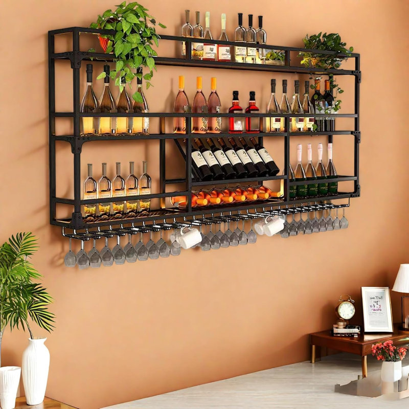 Support à vin mural en métal de 47 pouces avec éclairage à DEL - Support de rangement pour bouteilles de vin à 3 niveaux avec support en verre - Présentoir à bouteilles peu encombrant