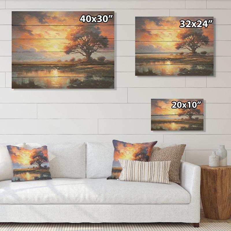 Sunrise Autumn Country Panorama - Sunrisesunset Wood Art On Natural Pine Wood, 24" H x 32" W