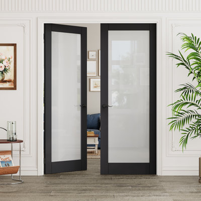 56" x 80"  1-Lite Black Frosted Glass French Door with Black Hinges, Privacy Glass Door Slab, Sound-Dampening & Waterproof, Suit for Laundry, Closet Doors, Room Doors, Latch & Door Lever Included