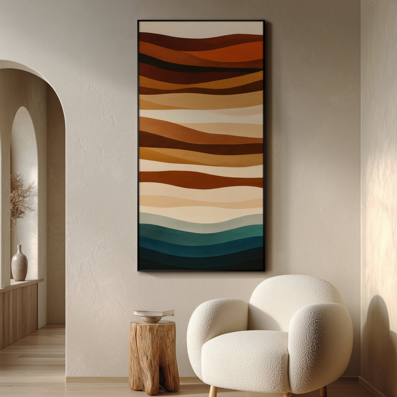 Très grande reproduction d'art sur tissu - Rayures en tons de terre et de vagues bleu sarcelle pour le salon ou la chambre à coucher - «Assemblage requis du cadre (cadre non fini)»