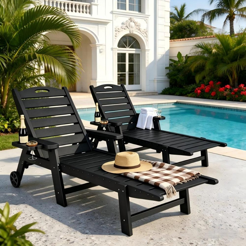 Patio Lounge Chairs Set of 2, HDPE Outdoor Recliner Chairs with 5-Position Adjustable Back, Wheels & Cup Holder, All-Weather Patio Chairs for Deck, Poolside, Backyard