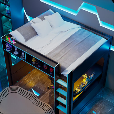 Full Size Gaming Loft Bed with Integrated Desk and Lights, Modern Wooden Bed Frame with Desk and Built-in Charging Station, Black+Blue