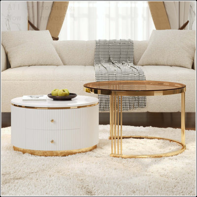 Table basse gigogne moderne 2 pièces avec tiroirs et plateau en verre trempé Modern