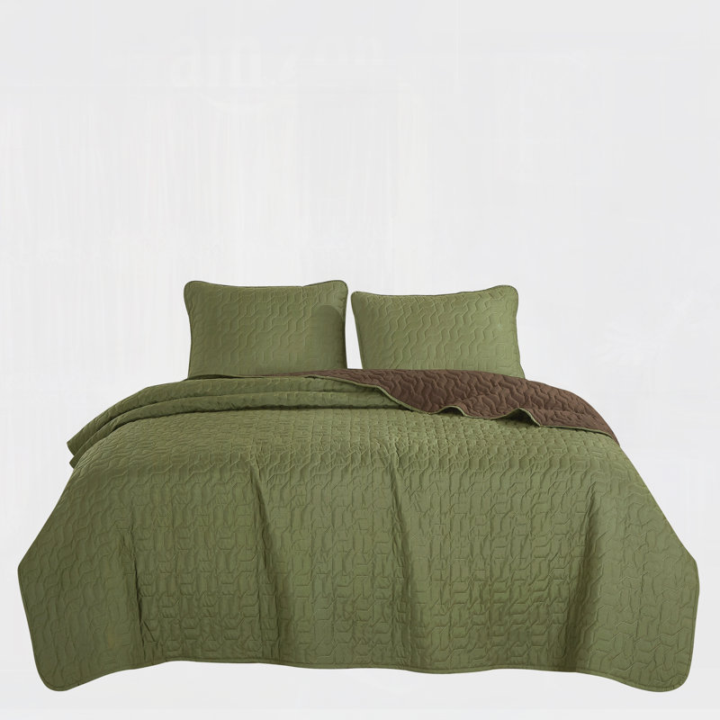 Ensemble de couvre-lit réversible en microfibre vert olive et brun 3 pièces - Literie en polyester matelassé avec taies décoratives assorties, très grand