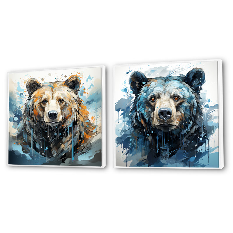 Représentation abstraite d'un mouvement d'ours - ensemble de 2 animaux, H 16 po x l 33 po, Cadre flottant blanc