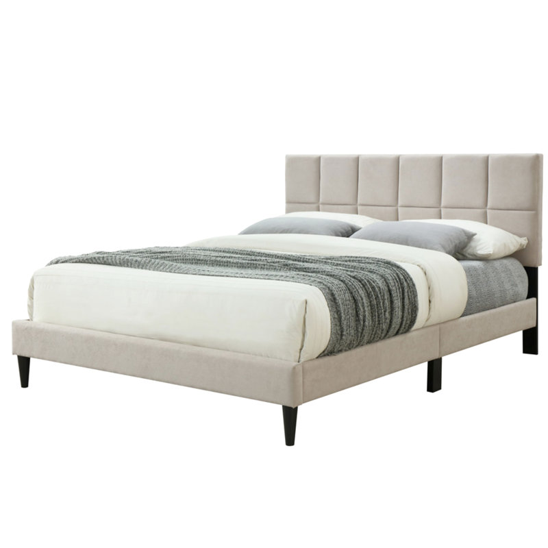 Lit simple en tissu gris - Tête de lit dans une boîte carrée