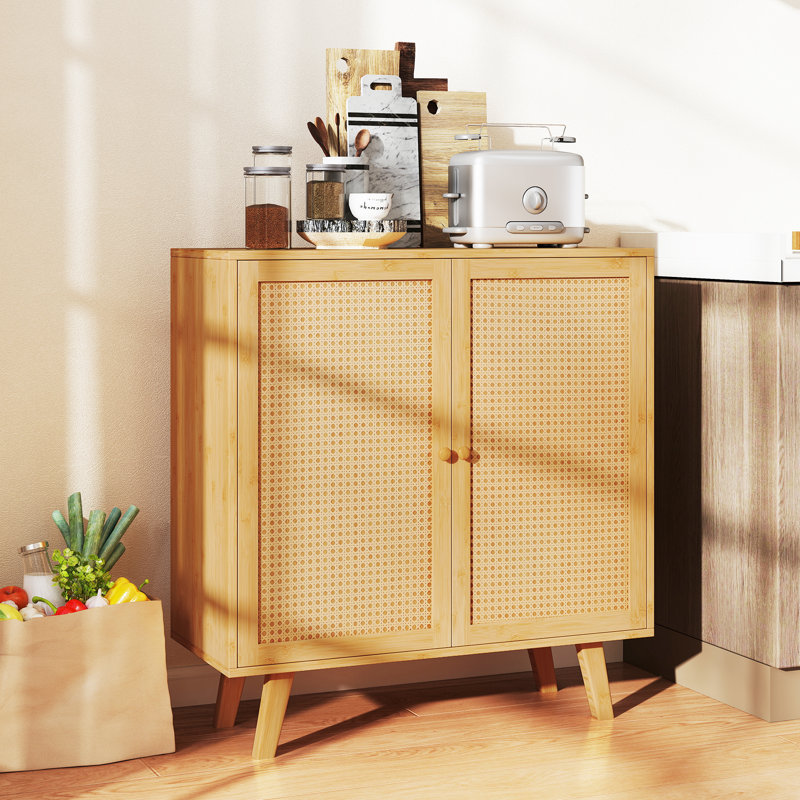 Buffet en bambou avec portes en rotin PE et armoire de cuisine autoportante naturelle