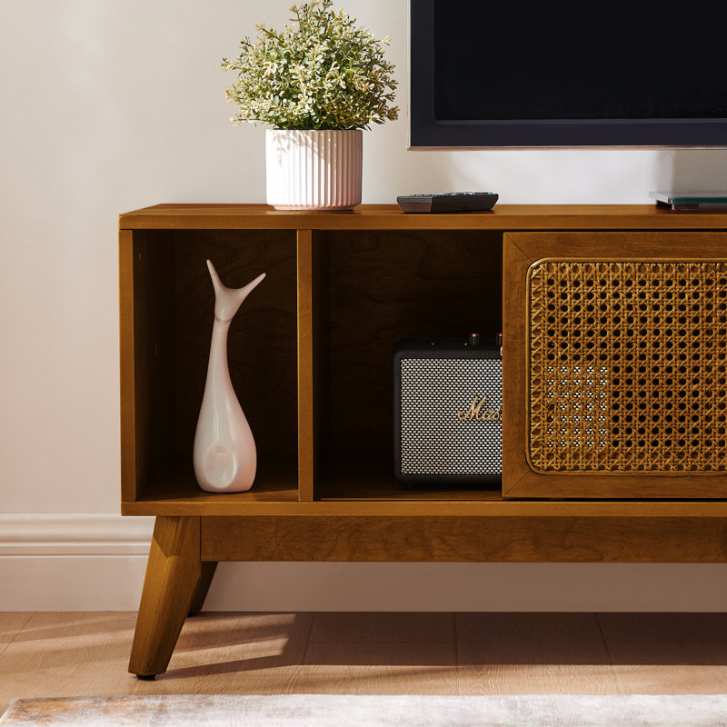 67.9 Inch Mid Century Modern Rattan Tv Stand, Light Walnut