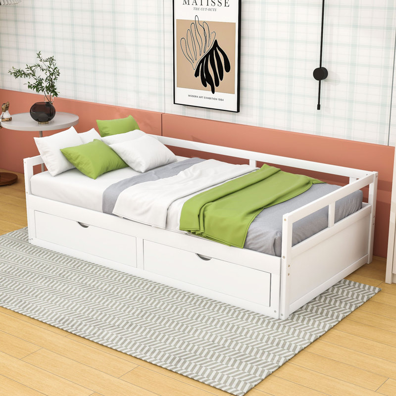 Dzeisonas Twin Size Wooden Daybed with Trundle and Two Storage Drawers, White