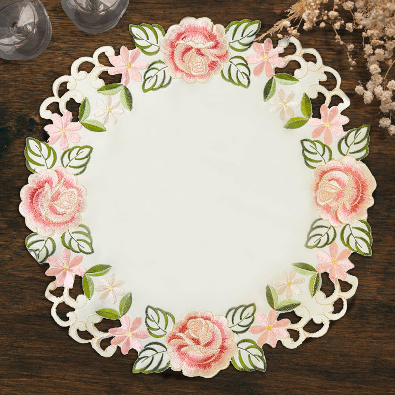 Handcrafted Round Doilies Set with Embroidered Floral Lace for Elegant Dining Table Decor & Christmas Decor, Pink