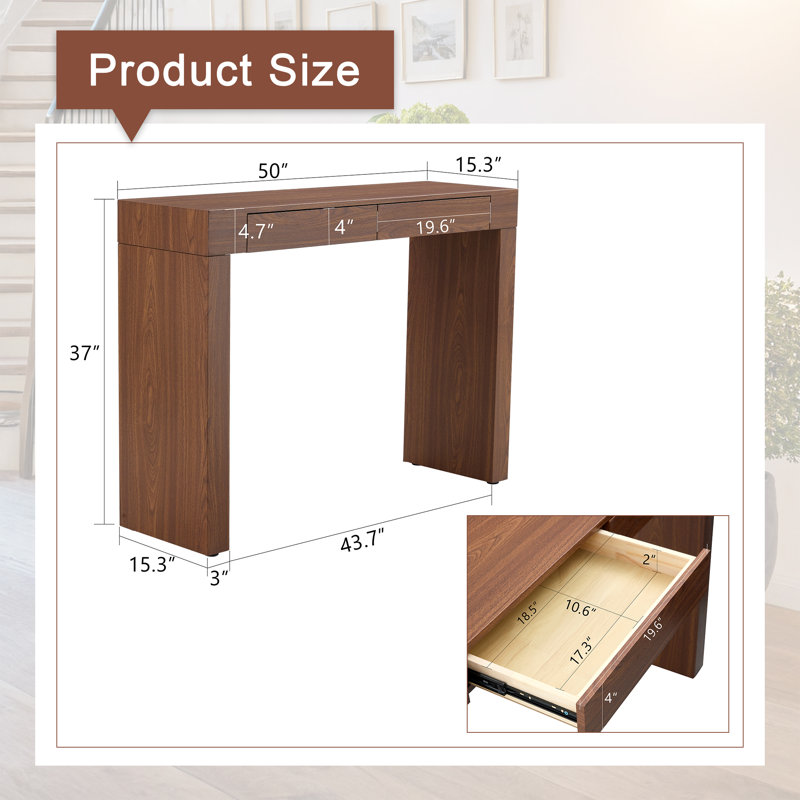 Elegant 50-Inch Natural Wood Grain Bar Table with 2 Drawers, Versatile for Home and Office Use, Dark Wood