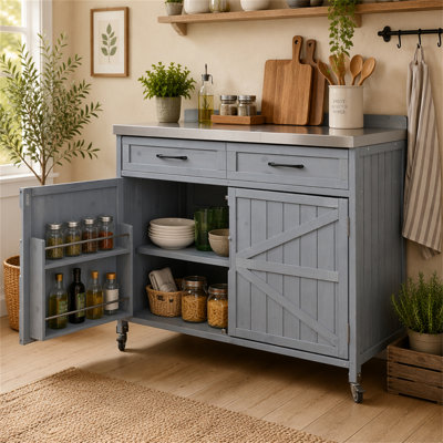 Îlot de cuisine extérieur de 39,4 po avec plateau en acier inoxydable K&K, armoire de rangement extérieure avec un grand tiroir, tablettes réglables, supports de rangement internes et 4 roulettes pour la préparation de pizzas