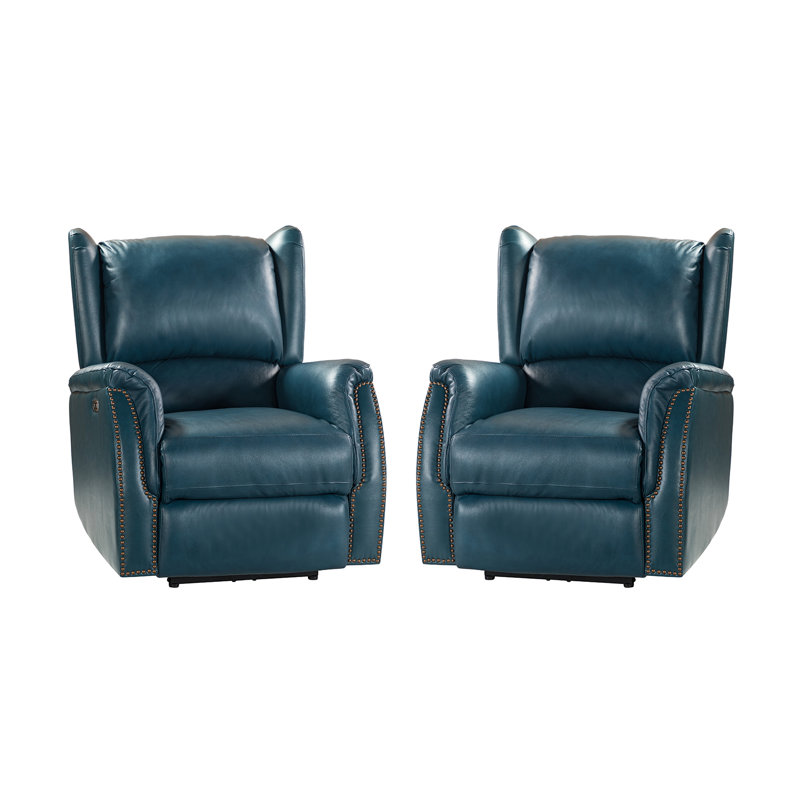 Domingo Genuine Leather Power Recliner With Wingback Design(Set of 2), Turquoise  Genuine Leather