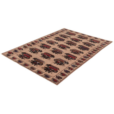 Tapis décoratif beige en laine noué à la main de conception unique 6 pi 8 po X 9 pi 6 po noué à la main New Age