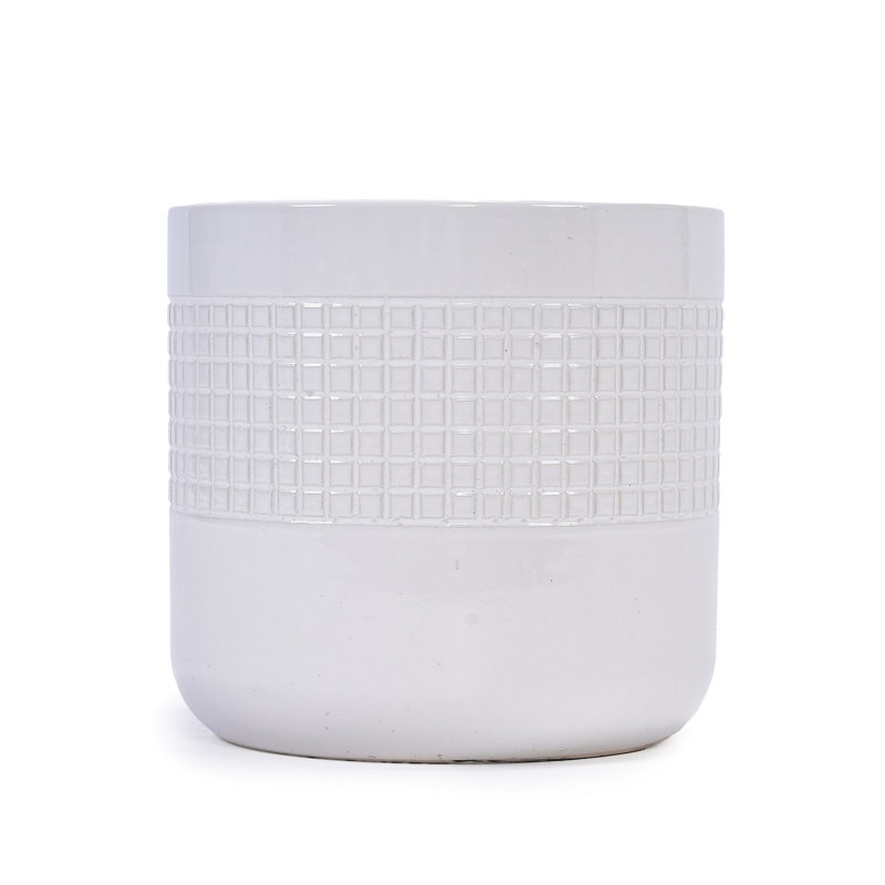 Of 3 Ancient White Glossy Grid Ceramic Flowerpots, All - Weather For Various Settings With Drainage Hole Piece Modern Planters Patio, Garden And Living Room Durability