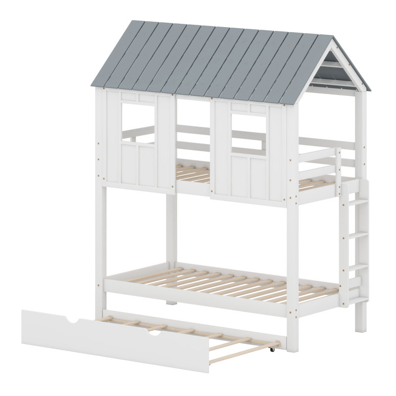 Structure de lit superposé House avec lit gigogne escamotable, toit et fenêtre