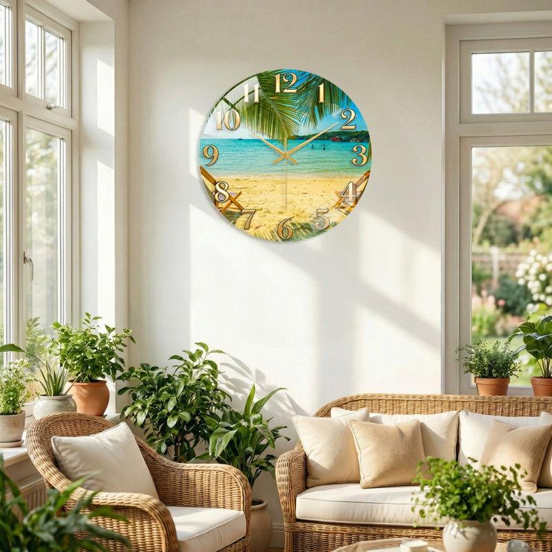 «Beach Scene», horloge murale en verre, 40 x 40 cm (15,7 x 15,7 pouces)