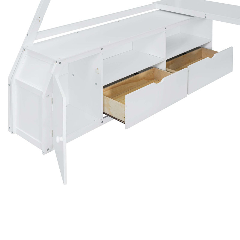 Lit mezzanine double avec bureau, sept tiroirs et 2 tablettes, Double, Blanc