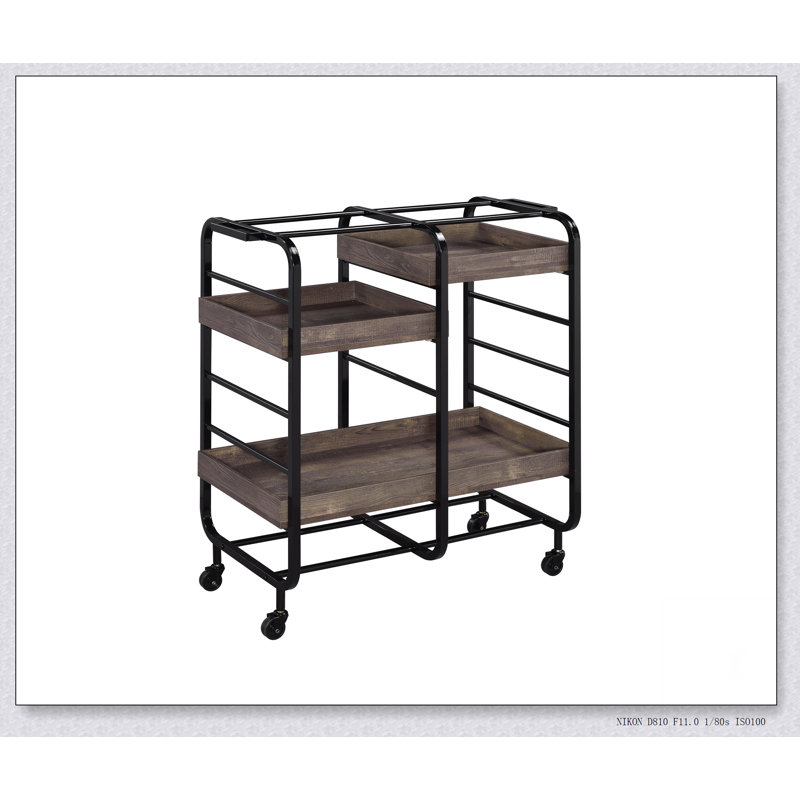 Chariot de service rectangulaire à finition noyer Vorrik avec 3 plateaux réglables et roulettes pour faciliter le déplacement