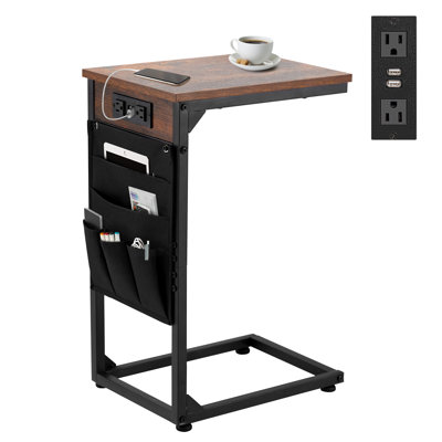 Table d'appoint en forme de C, table de bout avec sacs de rangement et station de charge