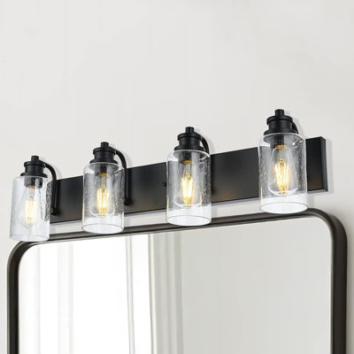 4-Light Industrial Modern Bathroom Vanity Light Fixture, Matte Black Wall Lamp With Seedy Glass Shade For Bath Mirror Kitchen