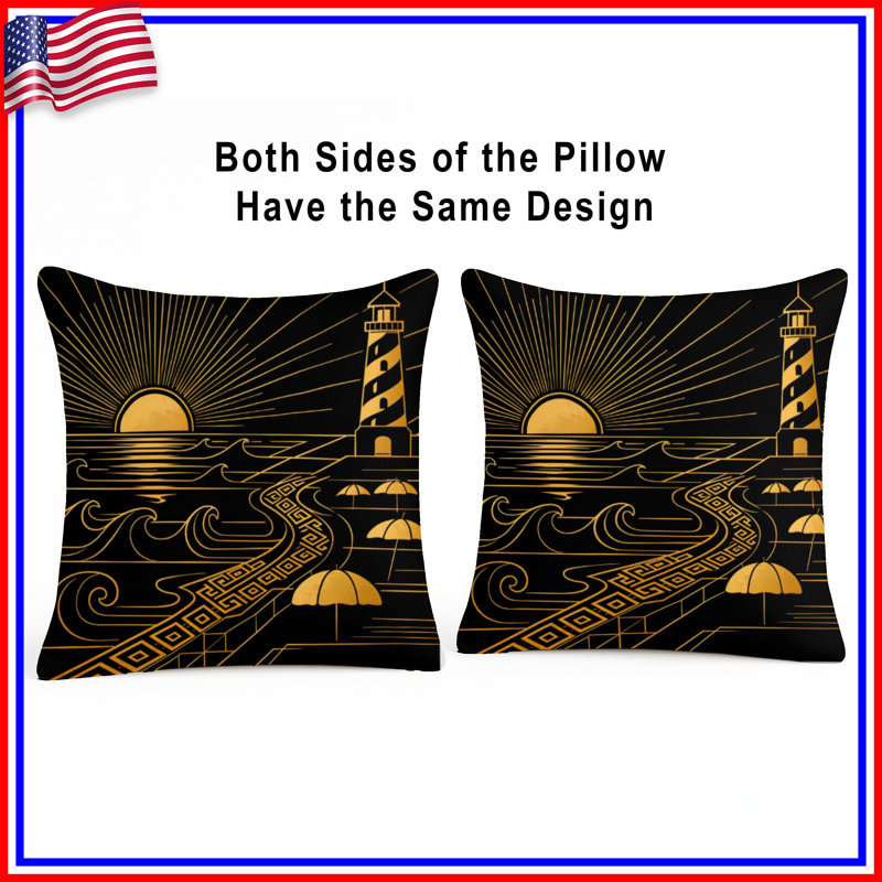 Beach Scene Geometric Linen Throw Pillow, 14 x 14 inches, Black and Gold