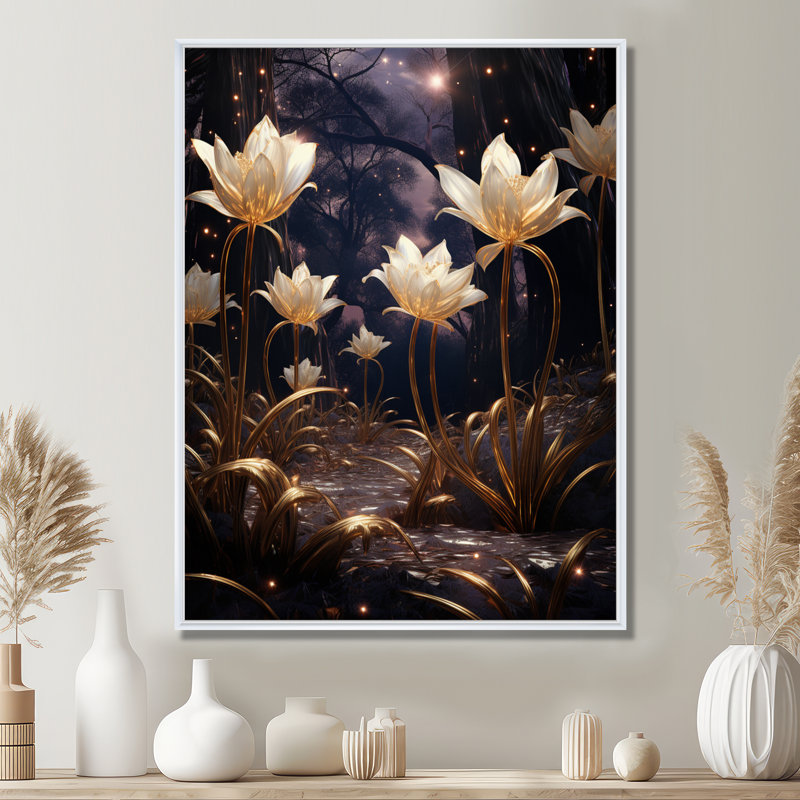 Magique nuit blanche de tulipes - salon d'art mural tulipes, H 20 po x l 12 po x P 1 po, Toile encadrée flottée blanche