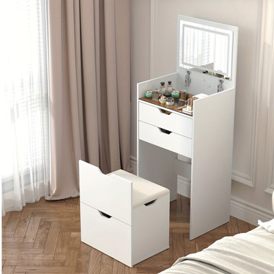 Dressing Table And Stool, 3-In-1 Multifunctional Dressing Table Set, Featuring Three-Color Lighting Modes, Hd Mirror, Two Sliding Drawers, And A Hidden Storage Stool