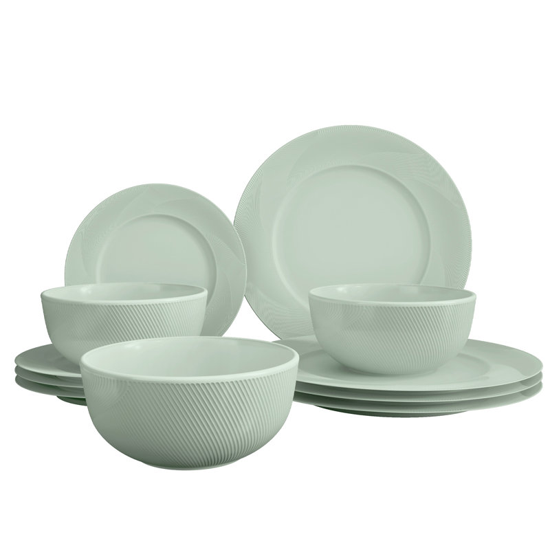  12-piece Green Embossed Mesh Bone China Dinnerware With Lightweight Durable Chip Resistant Design Service For 4