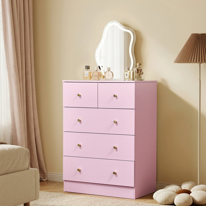  Commode à 5 tiroirs pour chambre à coucher et commode avec rangement robuste en bois pour garde-robe rose, Rose