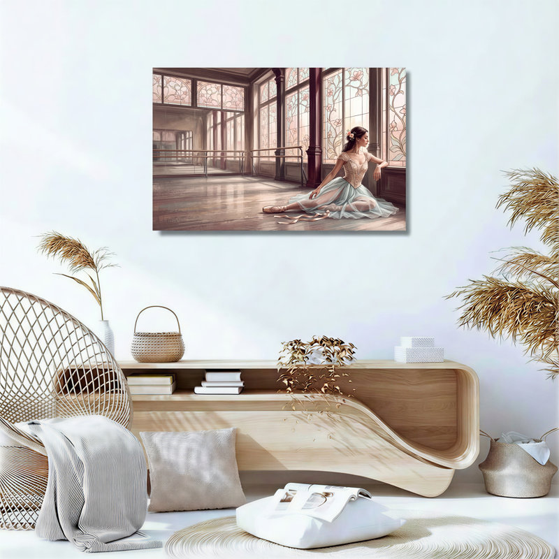 Ballerine, assis dans un studio de danse, vitrail, art mural sur toile, 24"H x 36"W