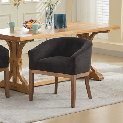 Mid Century Modern Upholstered Barrel Dining Chair with Arms, Natural Hardwood Frame and Farmhouse Linen Fabric for Versatile Use.