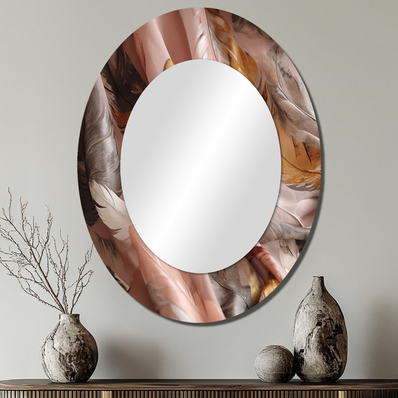 Gold Glamorous Feathers Of Boho Fantasy II - Gold Oval Wall Mirror Decor, 40" x 30"
