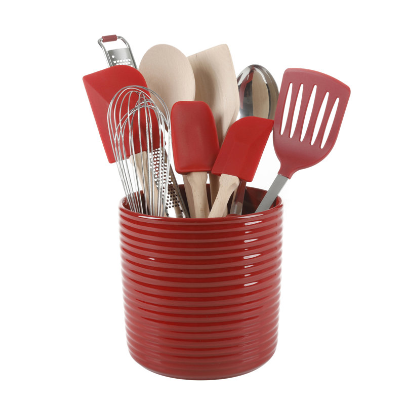 Red 10-Piece Wood and Silicone Kitchen Tool Set with Ceramic Crock